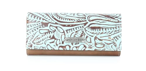 American Bison Women’s Wallet – Sky Blue Floral Flap with Logo Concho or Engraved Plate, Zip Divider & Organizer (Engraved Metal Plate)