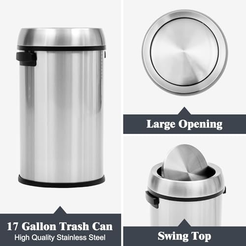 Image of GlowSol 17 Gallon Large Capacity Kitchen Trash Can with Swing Lid, Commercial Trash Can, Heavy Duty Brushed Stainless Steel Garbage Can, 65 Liter, Suitable for Kitchen Outdoor Office