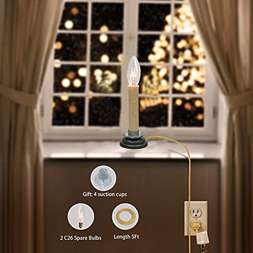5 Inch Electric Window Candles, Christmas Electric Country Candle Lamps With 7W C26 Clear Light Bulb, Black Wood Plum Iron Bases, Plug In Electric Window Candles Turn On/Off Switch, Ivory- Set Of 4 #TOP3