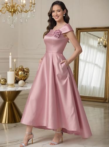 Satin A Line Mother of The Bride Dresses with Pockets Asymmetric Neck Hi-Low Tea Length Flower Formal Evening Gown2