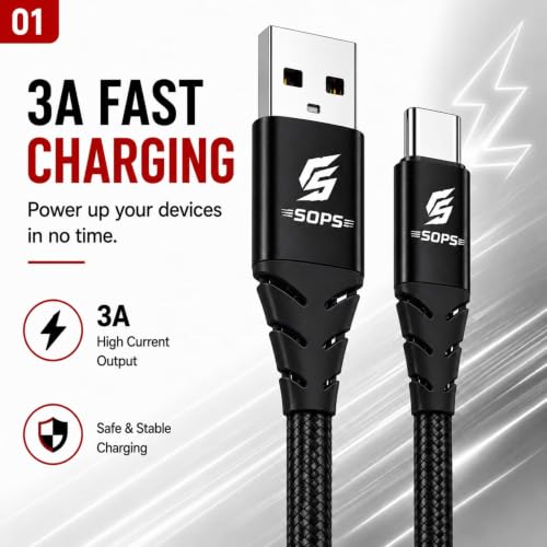 Image of 33W Fast Charging USB A to Type C Braided Cable, 3A Fast Charging, 480Mbps High Speed Data Sync, Premium Nylon Braided, Tangle Free, Reinforced Connectors, 1 Meter, Black, for USB Type C Devices
