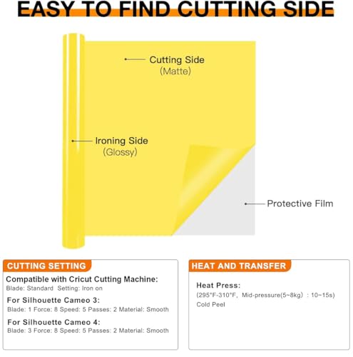 Image of HTVRONT HTV Heat Transfer Vinyl Roll - 12 inch x 8ft Yellow HTV Vinyl for T Shirts, Yellow Iron on Vinyl for All Cutting Machine - Easy to Cut & Weed for Heat Transfer Design