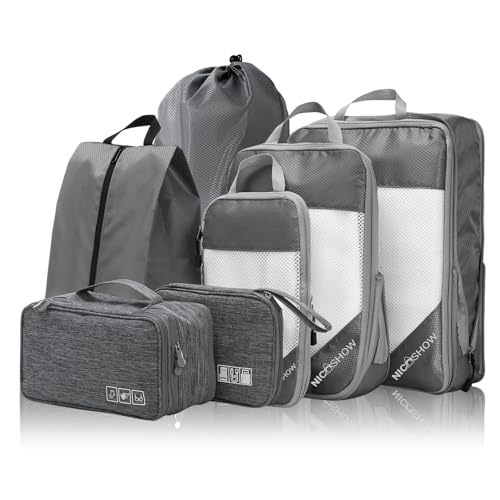 NICOSHOW 7 Set Compression Packing Cubes for Travel - Compressible, Lightweight, and Space-Saving Packing Cubes, Travel Essentials for Women, Grey