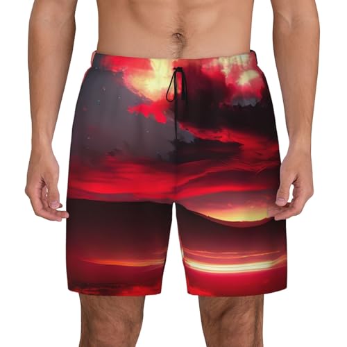 Red Sky at Night Starry Men's Soft Double Swim Shorts, Lounge Swiming Shorts Pants Breathable Summer
