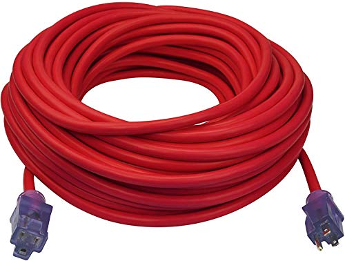 Clear Power 100 ft Heavy Duty Extreme Cold Weather Outdoor Extension Cord 12/3 SJTW, Lighted Connector, Red, Water & Weather Resistant, Flame Retardant 3 Prong Grounded Plug, DCOC-0108-DC