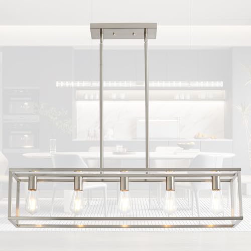 HQZBPT Dining Room Light Fixture, Modern Linear Hanging Light Fixture Matte Brushed Nickel 5-Light Industrial Pendant Lighting for Kitchen Island