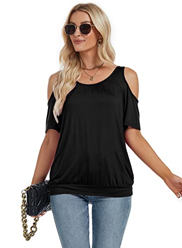 LEIYEE Womens Cold Shoulder Tops Summer Sexy Casual Short Sleeve Ruched Scoop Neck Banded Bottom Shirts Blouse3