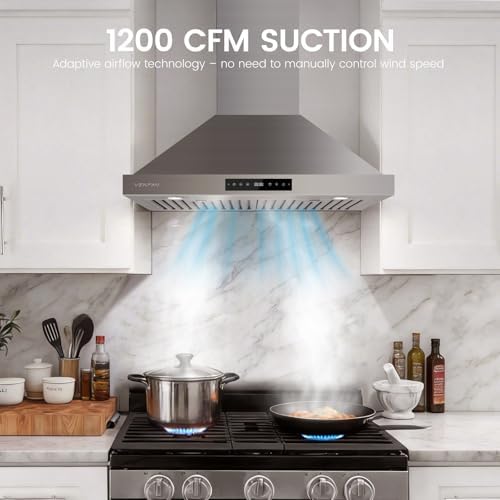 VENFAN 1200 CFM Wall Mount 30 Inch Range Hood – Stainless Steel Kitchen Vent Hood with Gesture Control, 8-Speed Fan, Delay Shut-Off Timer, Ducted/Ductless Convertible, Charcoal Filter Included