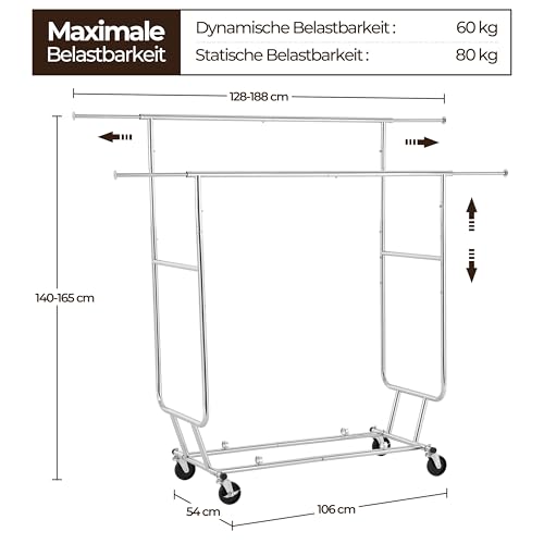 Yaheetech Industrie Kleiderständer Stabiler Garderobenständer 2 Kleiderstange mit Rollen Ausziehbarer Zusammenklappbar Höhenverstellbar Edelstahl