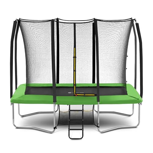Exacme 7X10 8X12 9X14 Foot Rectangle Trampoline for Kids, Double Enclosure Openings, Small Outdoor Rectangular Trampoline with Enclosure Net, 4 Wind Stakes, Storage Bag (Green, 7×10 Feet)