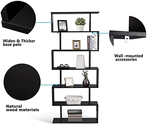 Multigot 5/6-Tier Wooden Bookcase, S-Shaped Decorative Bookshelf Organizer, Freestanding Shelving Storage Display Unit for Living Room, Study and Office (Black, 80 x 23 x 192cm)
