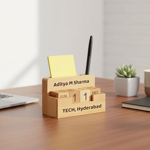 Image of Deskart Personalized Desktop Cube Flip Calendar| Wooden Customized Lifetime Infinity Calendar with Visiting Card, Pen Holder and Personal Name Marking | Foldable for Home Decor, Office Desk and Study Table (Infinity Personalized)