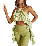 BEAUDRM Women's Solid 3D Floral Ruffle Hem Backless Asymmetrical Hem Crop Halter Top