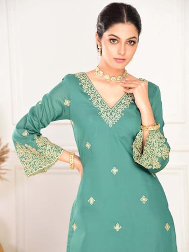 طقم بدلة سلوار مطرزة من مزيج الحرير للنساء من توين لايت | كورتا بطول مستقيم وبنطلون سادة بحزام خصر مرن مع وشاح دوباتا وراما، مقاس L