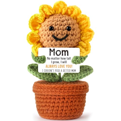 Mini Funny Mothers Day Sunflower Gifts for Mom, I Love You Gift Ideas for Mum Mother In Law Bonus Step Mama Mommy, Unique Crochet Flowers Gifts for Anniversary, Birthday, Summer Decorations for Home