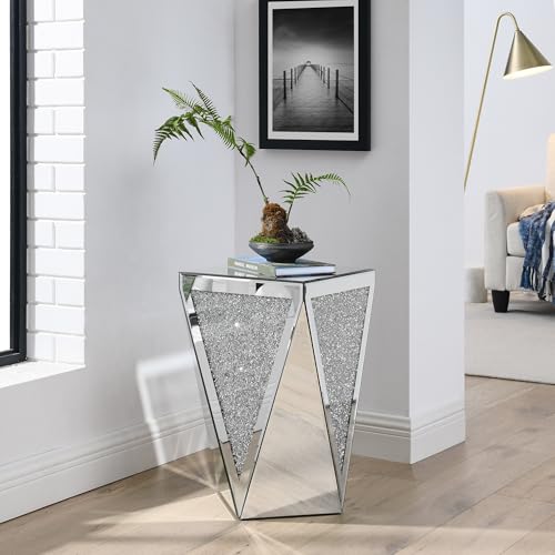 Henf Silver Mirrored End Side Table Crystal Decor Accent Table
