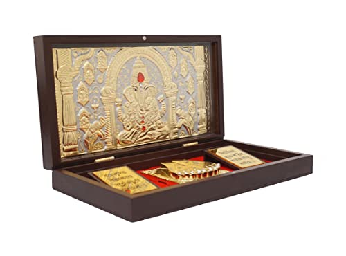 Image of Idolkart Ganesh Pocket Temple 24 Karat Gold Coated - Ganeshji Photo Frame, Gift, Vinayaka Photo, Ganesh Charan Paduka for Wealth, Prosperity and Vastu Benefits - gift for diwali, occassions - 4x8 Inch
