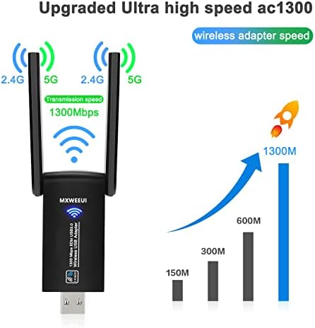 USB WiFi Dongle for PC,AC1300Mbps Dual 5Dbi Antennas,Support2.42GHz/400Mbps & 5.8GHz/867Mbps Network,802.11AC Compliant,USB 3.0,Support Win10/8/7/XP, Mac OS/10.9-10.15