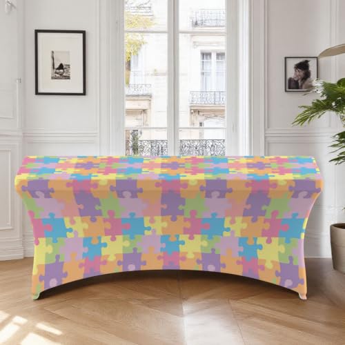 Highdi Mantel Elástico de Spandex para Mesa Rectangular de 122/183/244cm - Funda Ajustable Sin Arrugas, Ideal para Bodas, Fiestas de Cumpleaños y Catering (Bloques de Color,8FT)