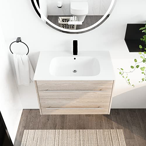 Ssline Wall Mounted Bathroom Vanity With Sink Modern 30" Floating Bathroom Vanity With Top Basin & Storage Drawers White Oak Wood Hanging Bath Cabinet W/Gel Sink And Silver Handle For Small Space #TOP2