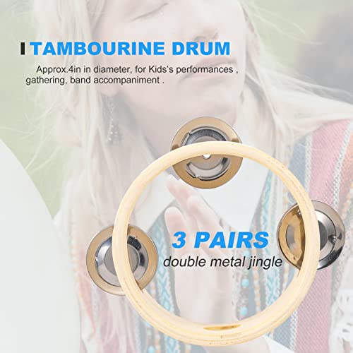 Tambourines For Adults Hand Held Wooden Tambourine, Single Row Metal Jingles Circular Percussion Drum Musical Rhythm Instrument For Church,Educational,Dance, Party (4") #TOP1