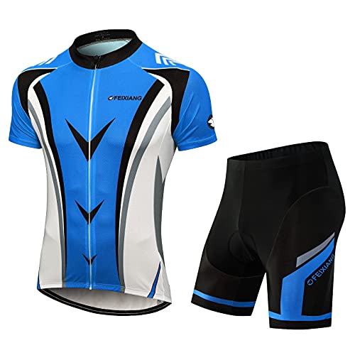 FEIXIANG Mens Cycling Jersey Set, Bike Short Sleeve Kit Bicycle Shirts+4D Padded Shorts Biking Road MTB Clothing Outfit Blue