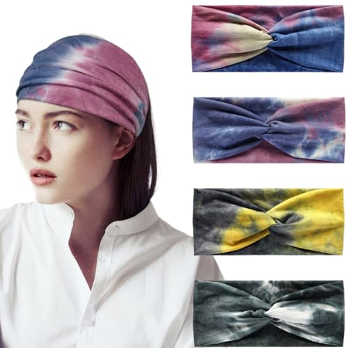 4 Piezas Diademas Pelo Mujer Elástico, Diadema Mujer Tela,Boho Diadema Mujer, Yoga Deportes Diademas, Cinta Pelo Elástico Ancho Turbantes,Para Accesorios Pelo Mujer y Niñas