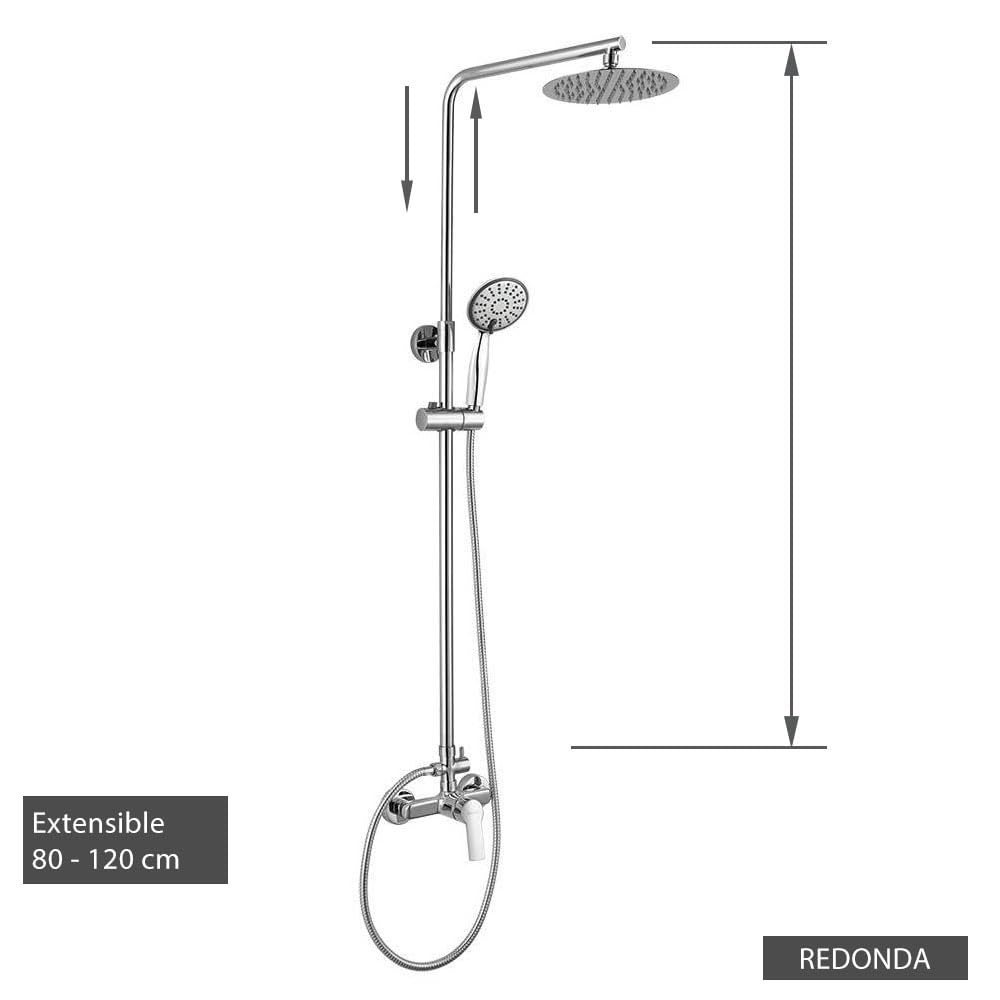 Columna de ducha monomando redonda modelo SIO tubo redondo extensible regulable en altura de 80 a 120 cm. Ducha de mano para hidromasaje y rociador redondos. Recambios garantizados