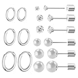 9 Pairs Flat Back Cubic Zirconia Stud Earrings Huggie Hoop Earrings Pearl Earring Set, Surgical Stainless Steel Earrings, Fashionable Cartilage Hypoallergenic Earrings for Women Men ， for Multiple
