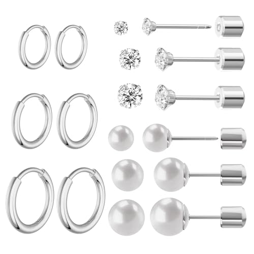 9 Pairs Flat Back Cubic Zirconia Stud Earrings Huggie Hoop Earrings Pearl Earring Set, Surgical Stainless Steel Earrings, Fashionable Cartilage Hypoallergenic Earrings for Women Men ， for Multiple