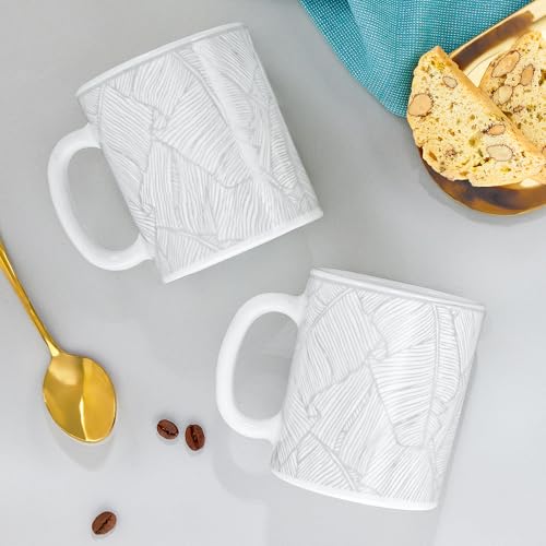 Image of Larah by BOROSIL 320ml x 2pc Opalware Ivy Tea /Coffee Mug Set, Microwave & Dishwasher Safe Embossed Design Crockery Ideal for Daily Use & Gifting