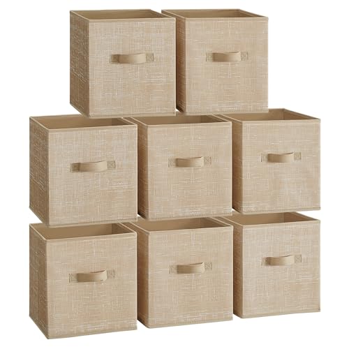 SONGMICS Cajas de Almacenaje, Juego de 8 Cajas de Almacenaje de 28 cm de Tela no Tejida, con Asas Dobles, Organizadores de Cubos, para Estantería, Plegables, para Ropa, Beige Arena ROB826K03