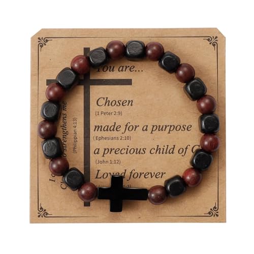 Pulsera de madera con dijes de cruz en acero inoxidable negro miniatura 1