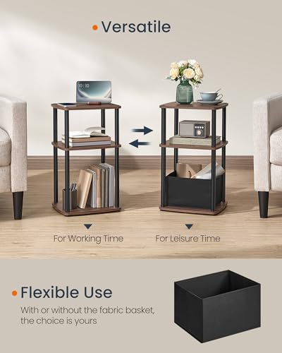 SONGMICS HOME Side Table, 3-Tier Nightstand with Storage, End Table with Fabric Basket, for Bedroom, Living Room, Steel Frame, Superfast Toolless Assembly, Modern, Ebony Walnut ULET286K01