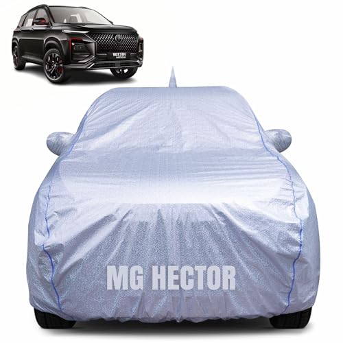 Image of 100% Waterproof Car Body Cover for Mg Hector (2019-2025) with Mirror Pocket, Heat & UV Resistant, Triple Stitched, Soft Lining, Bottom Elastic & Piping (Silver Reflective)