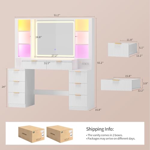 Image of Big Vanity Desk, Fluted Makeup Vanity with Mirror Lights, Dressing Table