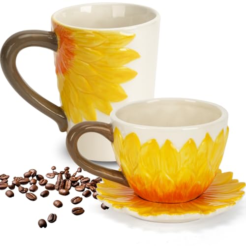 Set di tazze da caffè e tè in ceramica con piattino, tazza di girasole dipinta a mano, per caffè, tè, cappuccino o cioccolata calda, design unico floreale per cucina e casa