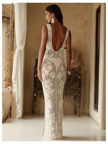 WDIRARA Women's Floral Crochet Sheer Cover Up Maxi Beach Dress Hollow Out Sleeveless Coverups2