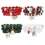 Twinfree 4 Packs Christmas Bracelets bell Snowflake Christmas Tree Polymer Clay Beaded Stretch Bracelet for Women Thanksgiving Xmas Bracelet