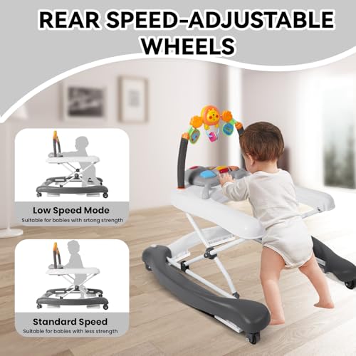 Image of Baby Walker, 5 in 1 Baby Walkers for Boys Girls 6-12 Months, Foldable Walkers for Babies with Bouncer & Feeding Tray, Music, Adjustable Heights, Activity Walker for Infant