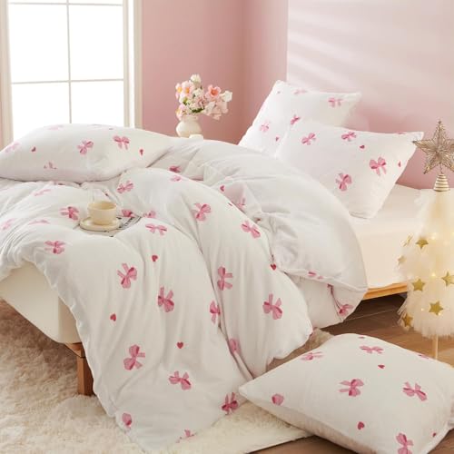 Flanell Bettwäsche 155x220 Rosa Schleifen Kawaii Winter Warm Biber Plüsch – Ansicht 2