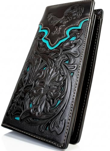 Western Stakes Long Leather Wallet – Embossed Rooster Design – Laser Cut Floral Pattern – Bi-Fold Western Wallet for Men – Ranch Style Rodeo Leather Wallet