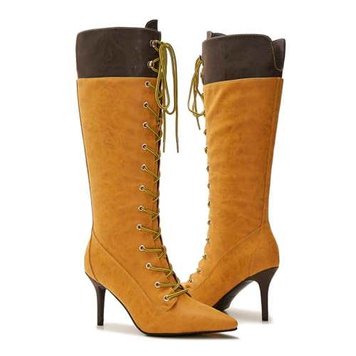 Women's Two-Tone Lace-Up Knee High Boots, Pointed Toe Faux Leather Stiletto Heel Dress Boots for Fall Winter4