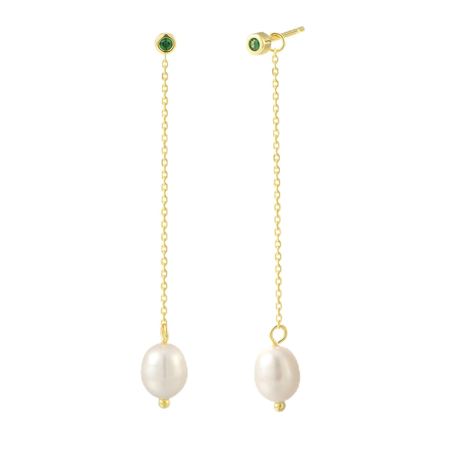 Orecchini lunghi da donna, in oro 9/14/18 carati, da appendere, 6 x 8 mm, con perle d'acqua dolce