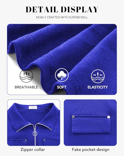 Image of Bulotus Blue Tops for Women Long half Sleeve Banded Collar V Neck Loose Fit Tummy Control Zip Front Pullover No Iron Blouses Flowy Y2k Chic Vacation Holiday Trip Travel Cruise Popular Tunic Outfits