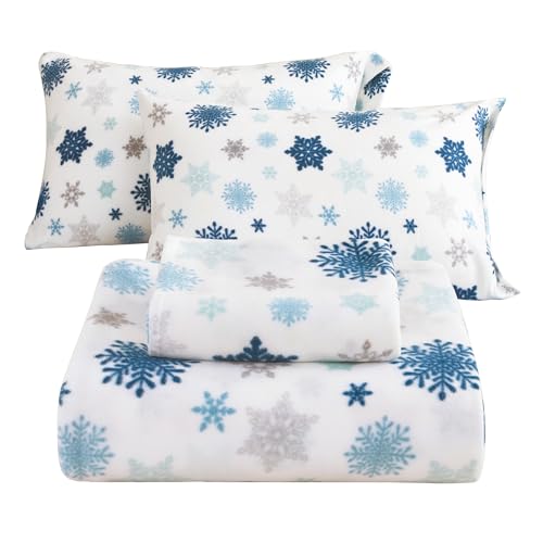 Image of Fleece Sheet Set Full, Soft Plush Bed Sheets, 4-Piece, Snowflake | 100% polar fleece, plush on both sides for winter warmth; low-shedding, pill-resistant, 15-inch pocket, machine washable