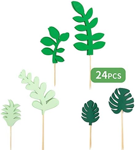 NMAS Glittery Tropical cupcake Topper Tropical Wedding Palm Leaves Monstera Leaves for Safari Glittery cake Toppers ecorations for Jungle Theme Birthday Party Decor Safari Baby Shower Decor Party Supplies Beach (24Pcs 6 Kinds)