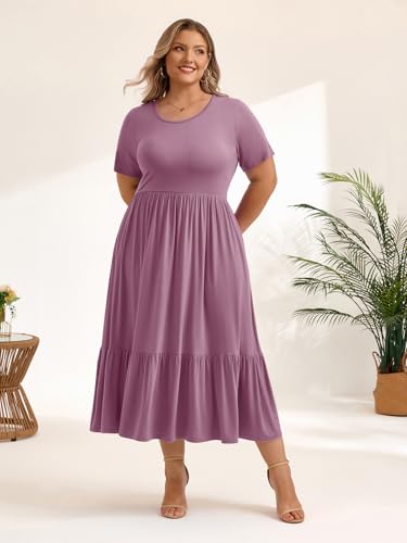 Image of LARACE Plus Size Dresses for Women Summer Casual Short Sleeve Long Dress Flowy Maxi Beach Dresses with Pockets L-6XL