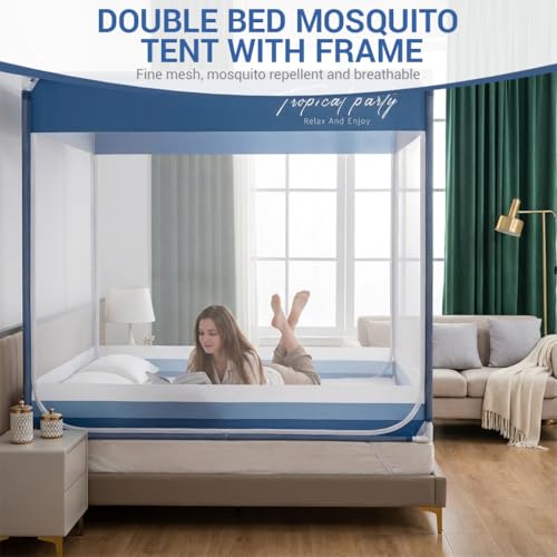 Image of HASTHIP Double Bed Mosquito Net Tent with Frame for Indoor Outdoor Use with Dual Side Doors and Fine Mesh Protection
