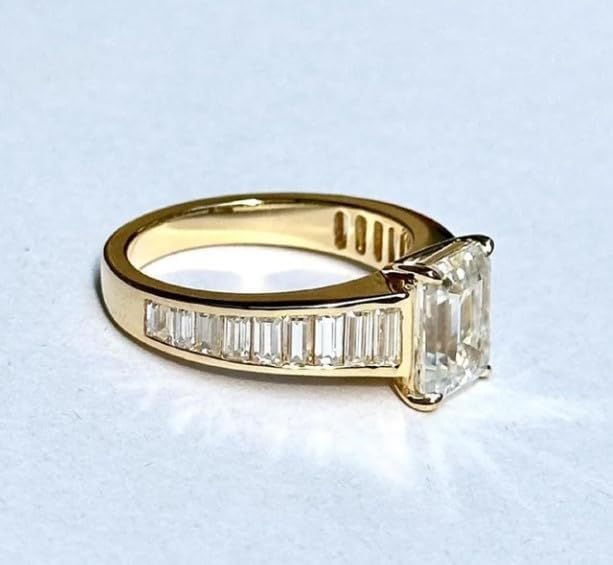 Vintage Art Deco 3 ct Emerald Cut Solitaire,14k Solid Yellow Gold Plated Ring,Channel Set Half Eternity Band,Baguette Cut Shoulders,Trend Setter.size 3-12. women For Her solitire stone gold plated with a transparent,solitire jewellery.4